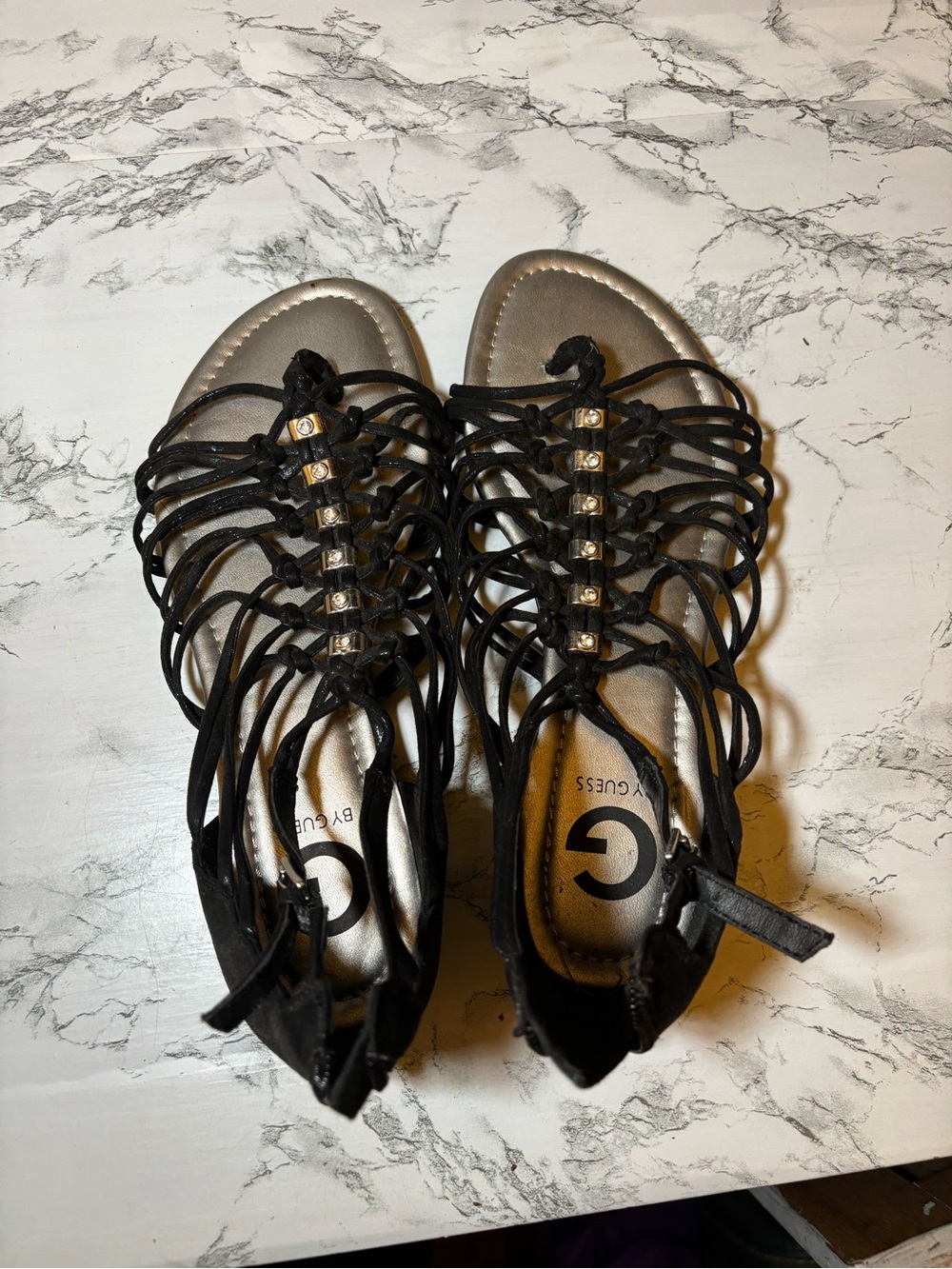 G by Guess Black Strappy Gladiator Sandals with Silver Footbed